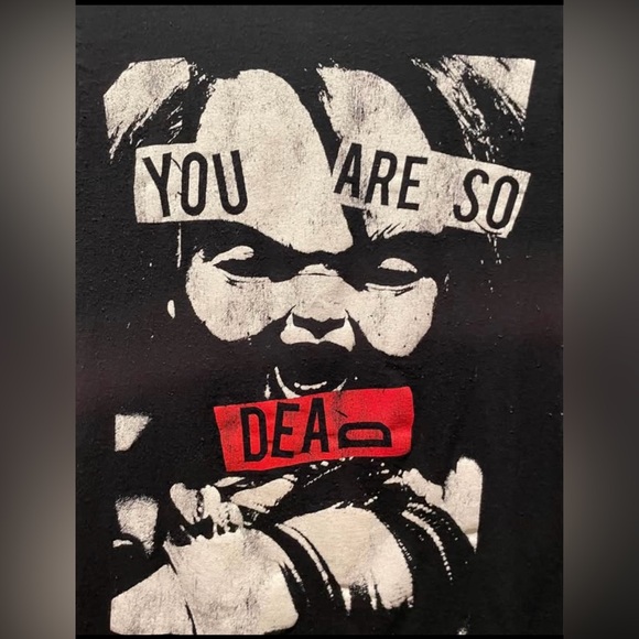 Chucky Black T-Shirt with Graphic Design in Good Condition. Adult Size Small. $6 - Picture 4 of 6